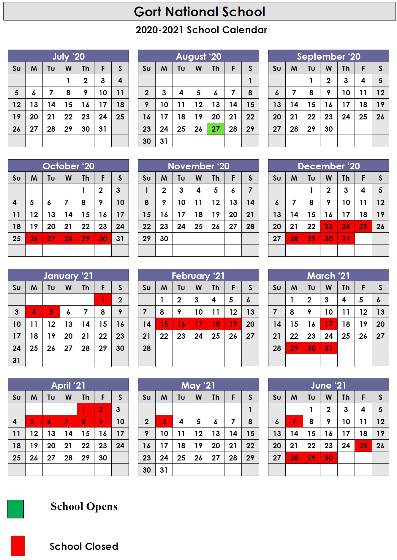 School Calendar - Gort National School